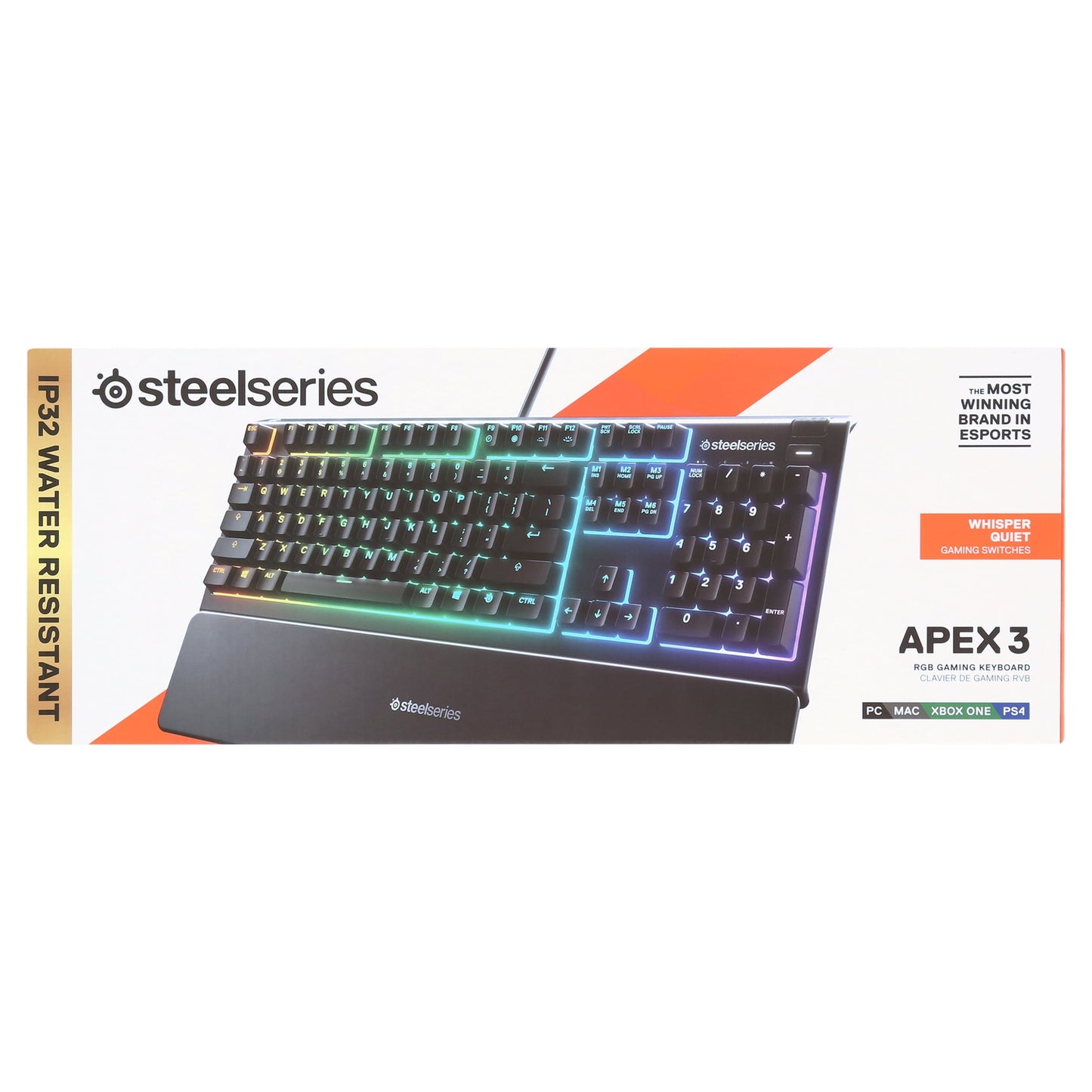 Apex 3 RGB Gaming Keyboard – 10-Zone RGB Illumination – IP32 Water Resistant – Premium Magnetic Wrist Rest (Whisper Quiet Gaming Switch)